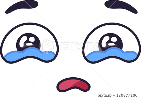 Cartoon face showing a sad expression with big, crying eyes and a frowning mouth, conveying feelings of unhappiness, sorrow, or disappointment 120877106