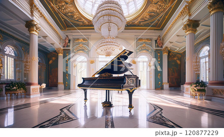A grand piano is the focal point of a large, ornate room A grand piano is the focal point of a large, ornate room 120877229