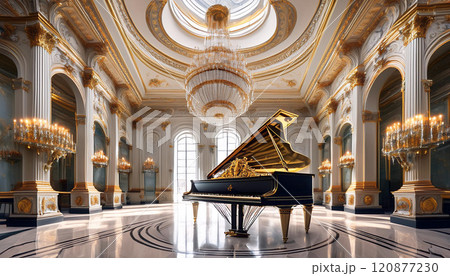 A grand piano is the focal point of a large, ornate room A grand piano is the focal point of a large, ornate room 120877230