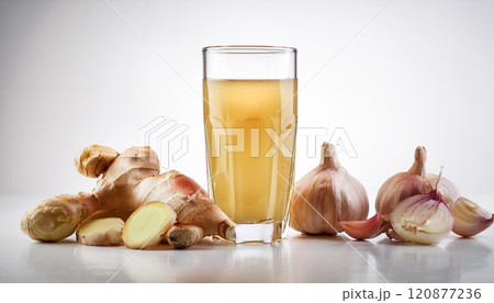 A glass of liquid is next to a pile of garlic and ginger 120877236