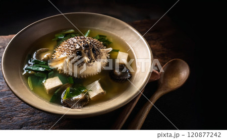 A bowl of soup with a small animal in it 120877242