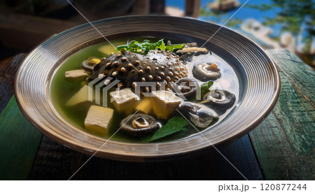 A bowl of soup with a crab in it 120877244