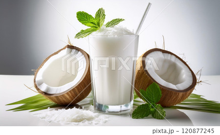 A glass of coconut milk with a green leaf on top 120877245