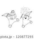 Two funny snowmen celebrate the New Year with fireworks and gifts. Coloring for kids 120877293