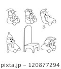 Set of cute snowmen in a hat, scarf and mittens in different poses sitting in anticipation of the New Year. New Year s card. Vector coloring for children. Sticker pack set 120877294