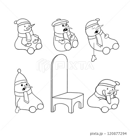 Set of cute snowmen in a hat, scarf and mittens in different poses sitting in anticipation of the New Year. New Year s card. Vector coloring for children. Sticker pack set 120877294