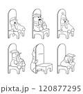 Set of cute snowmen in a hat, scarf and mittens in different poses sitting on a large chair waiting for the New Year. New Year s card. Vector coloring for children. Sticker pack set 120877295