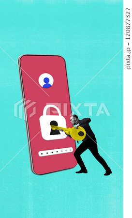 Contemporary art collage. Man uses large key to access giant locked smartphone screen, symbolizing efforts to break into secure digital accounts. 120877327