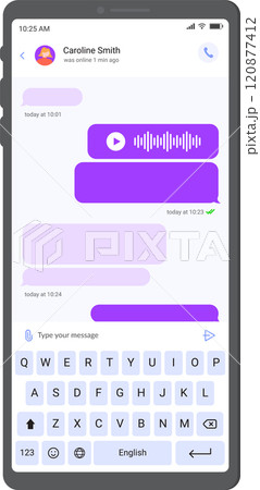 Smartphone displaying a chat conversation with audio message, text bubbles, and a virtual keyboard for typing, illustrating modern mobile communication 120877412