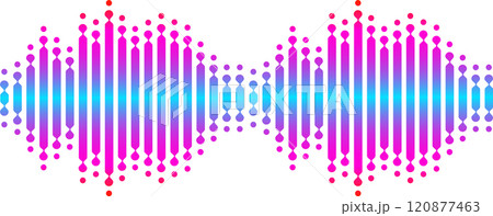 Colorful sound waves are visualized with a vibrant gradient, creating an abstract representation of audio signals, music waveforms, or digital studio equalizer effects 120877463