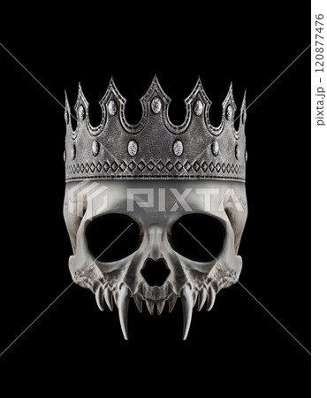 Vampire skull with long sharp fangs and ancient crown on black background 120877476
