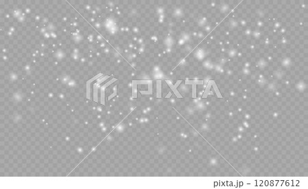 Realistic falling snow with snowflakes and clouds. Vector heavy snowfall, snowflakes in different shapes and forms. Many white cold flake elements on transparent background. 120877612