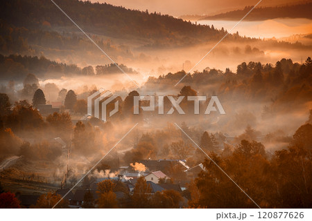 Morning mountain landscape, autumn seasonal background, amazing sunrise 120877626
