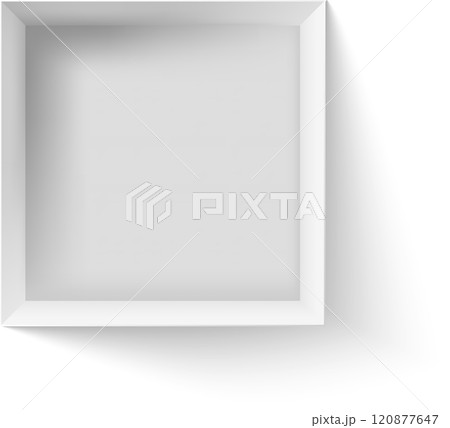White square box top view mockup casting a shadow on a white background, creating a minimalist and clean design, perfect for showcasing products or designs 120877647