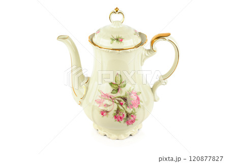 Elegant vintage porcelain coffee pot isolated on white. Elegant vintage porcelain coffee pot isolated on white. 120877827