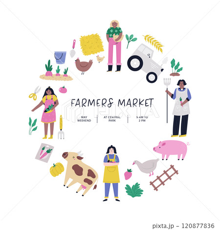 Vibrant hand drawn farmers market circle poster. Vector banner, templates for agricultural fair, agricultural festival. 120877836