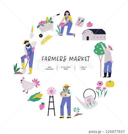 Vibrant hand drawn farmers market circle poster. Vector banner, templates for agricultural fair, agricultural festival. Vibrant hand drawn farmers market circle poster. Vector banner, templates for agricultural fair, agricultural festival. 120877837