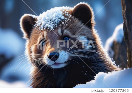 Cute Brown Mink cub Animal looking curious in the winter snow. Snow on his head. AI Cute Brown Mink cub Animal looking curious in the winter snow. Snow on his head. AI 120877866
