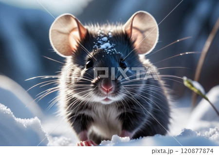 Wild young gray rat baby on white snow looking for food near human homes at sunny winter day. AI 120877874