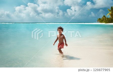 Child playing on tropical beach. Family summer vacation in Asia. Kid swim in ocean water. Little boy swimming in exotic sea. Travel with children. Water and beach sport. AI 120877905