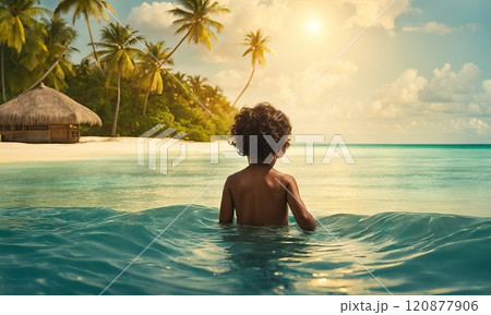 Child playing on tropical beach. Family summer vacation in Asia. Kid swim in ocean water. Little boy swimming in exotic sea. Travel with children. Water and beach sport. AI 120877906