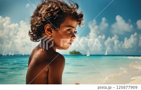Child playing on tropical beach. Family summer vacation in Asia. Kid swim in ocean water. Little boy swimming in exotic sea. Travel with children. Water and beach sport. AI 120877909