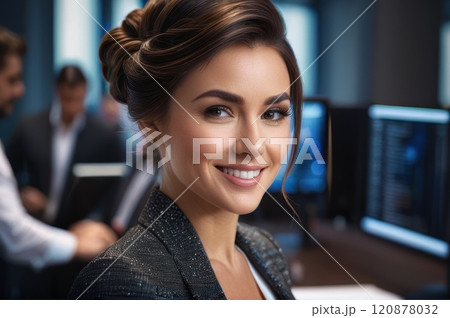Portrait of attractive cheerful brown chignon haired girl leader partner top director startup developer in modern office. Close up of smiling young adult girl with blurred open space background.. AI 120878032