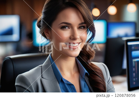 Portrait of attractive cheerful brown-haired girl leader partner top director startup developer in modern office. Close up of smiling young adult girl with blurred open space background.. AI 120878056