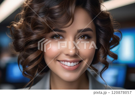 Portrait of attractive cheerful brown curls haired girl leader partner top director startup developer in modern office. Close up of smiling young adult girl with blurred open space background.. AI 120878057
