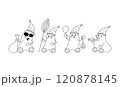 Set of funny Snowmen in hats and with a smile on their faces with a broom, a bag, balls and a carrot. Design of a New Year s greeting card for editing. Coloring for children. 120878145