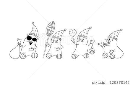 Set of funny Snowmen in hats and with a smile on their faces with a broom, a bag, balls and a carrot. Design of a New Year s greeting card for editing. Coloring for children. 120878145