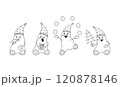 Set of funny Snowmen in hats and with a smile on their faces with a Christmas tree, tangerines, a gift and a sheet for writing. New Year s greeting card. Coloring for children. 120878146