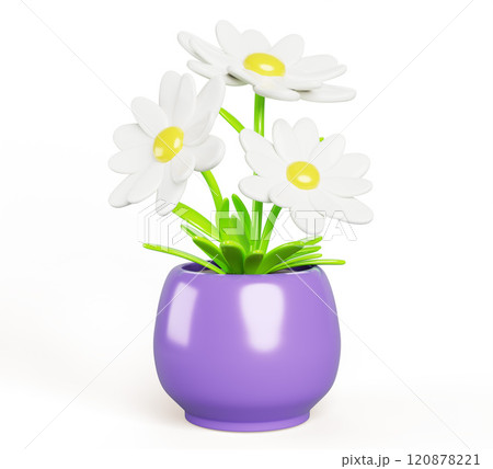 3d chamomile in flower pot render icon. Cartoon daisy plant with leaf in ceramic flowerpot for house or summer garden. Home floral bush in purple vase isolated on white background. 3D illustration 120878221