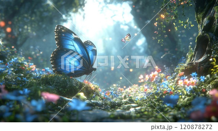 A large blue butterfly perched on a mossy patch in a blooming forest 120878272