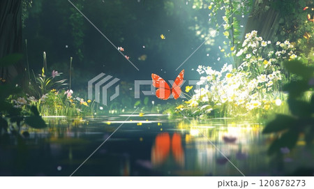A Vibrant Red Butterfly Soaring Over a Serene Forest Pond 120878273