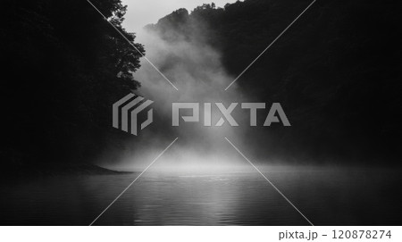 A Foggy, Black and White Landscape of Water and Trees 120878274