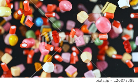 Freeze motion of flying various kind of candies. 120878389
