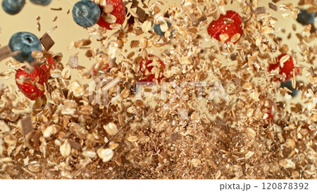 Freeze Motion of Oatmeal Flying in the Air. 120878392