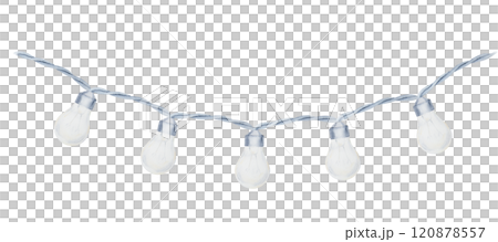 Watercolor illustration of a garland of light bulbs with white and silver wire. Hand drawn isolated element for winter, Christmas, holiday or wedding decorations, cards, invitations, banners, designs. Watercolor illustration of a garland of light bulbs with white and silver wire. Hand drawn isolated element for winter, Christmas, holiday or wedding decorations, cards, invitations, banners, designs. 120878557