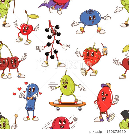 Cartoon groovy berry characters seamless pattern, vector background. Groovy funny berry characters pattern of smiling strawberry, happy honeysuckle with kiss hearts, funky cherry and silly blueberry 120878620