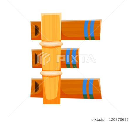 Slide flute musical instrument font E letter. Orchestra musical instrument latin alphabet letter, sound festival acoustic flute or musician equipment font typeset vector element English ABC symbol 120878635