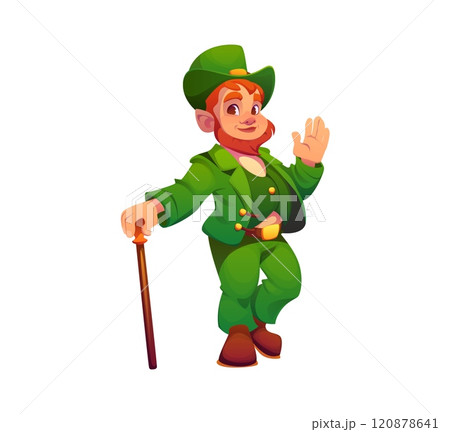 Cartoon irish leprechaun man character in green outfit holding a cane, exuding joy and mischief. Isolated vector folklore personage of St Patrick day. Redhead bearded elf in top hat with walking cane Cartoon irish leprechaun man character in green outfit holding a cane, exuding joy and mischief. Isolated vector folklore personage of St Patrick day. Redhead bearded elf in top hat with walking cane 120878641