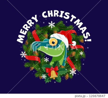 Playful dinosaur wearing a Santa hat amidst Christmas wreath adorned with pinecones, holly leaves and ribbons. Cartoon vector dino animal spreading holiday cheer and greetings with its festive spirit 120878647