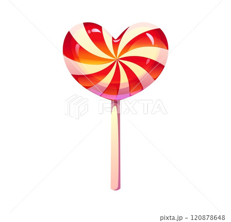 Cartoon Valentine day holiday heart pink candy lollypop, sweets and confectionery. Isolated vector romantic dessert treat, sugary food, shiny lollipop on a stick, with glossy surface and swirl stripes 120878648