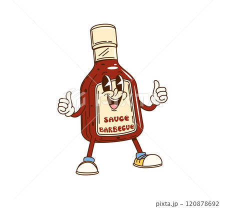 Cartoon groovy barbecue sauce bottle character with happy face, vector emoji. Groovy BBQ sauce bottle character in retro cartoon with thumbs up and funky happy smile for fast food hot dog or grill 120878692