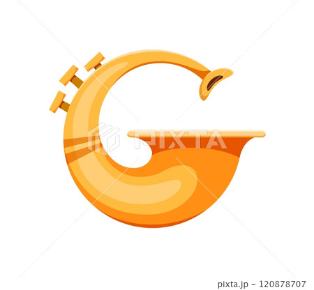 Horn musical instrument font G letter. Orchestra acoustic equipment English ABC symbol, musician classic horn or sax brass musical instrument font typeset vector letter. Latin alphabet element Horn musical instrument font G letter. Orchestra acoustic equipment English ABC symbol, musician classic horn or sax brass musical instrument font typeset vector letter. Latin alphabet element 120878707