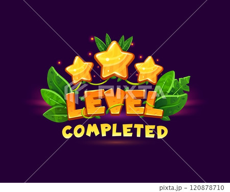 Level complete game asset icon, level up badge with golden stars, green leaves and vines. Ui or gui popup screen asset, victory celebration banner for mobile app or game menu interactive interface Level complete game asset icon, level up badge with golden stars, green leaves and vines. Ui or gui popup screen asset, victory celebration banner for mobile app or game menu interactive interface 120878710
