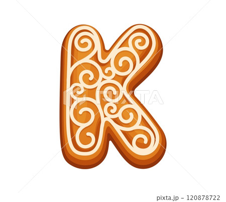 Christmas gingerbread cookie in the shape of letter K, decorated with icing. Isolated cartoon vector festive holiday pastry with glaze ornament. Xmas font, typeface, new year type, English alphabet 120878722