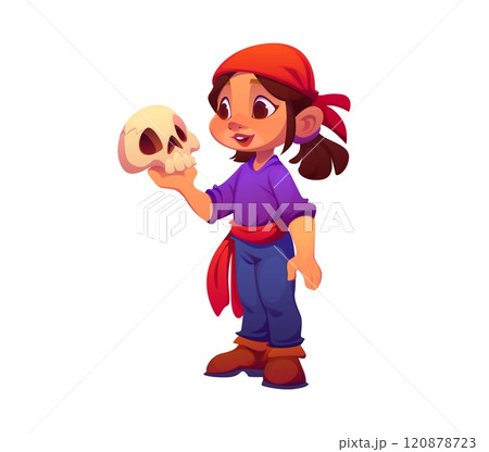 Cartoon kid corsair pirate girl character with a cheeky grin, dressed in a purple shirt and red bandana holds a human skull playfully in one hand, capture a lighthearted, adventurous pirate spirit Cartoon kid corsair pirate girl character with a cheeky grin, dressed in a purple shirt and red bandana holds a human skull playfully in one hand, capture a lighthearted, adventurous pirate spirit 120878723