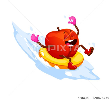 Christmas and new year winter tropical pear fruit character enjoying fun sled ride down a snowy hill, embodying the playful spirit of winter festivities and cheerful holiday and seasonal celebrations 120878739
